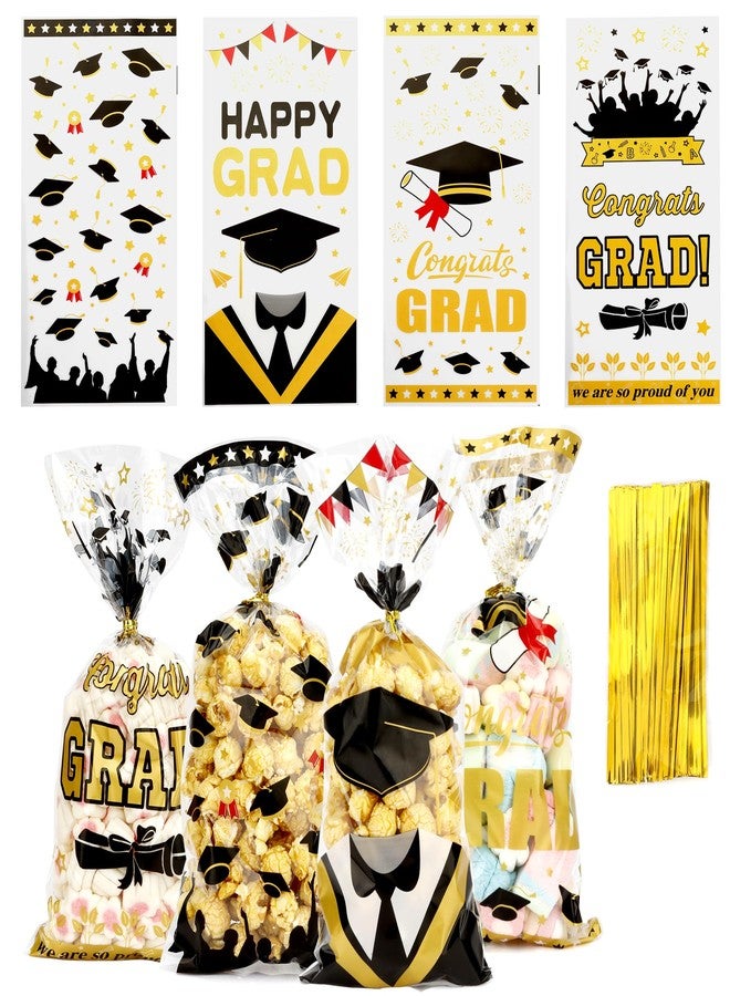 Leislam Graduation Treat Bags, Graduation Cellophane Treat Bags, 200 PCS Graduation Gift Bags, Graduation Cello Candy Cookie Bags with 200 Pcs Gold Ties for Graduation Party Favors Supplies, 4 Styles - Image 1